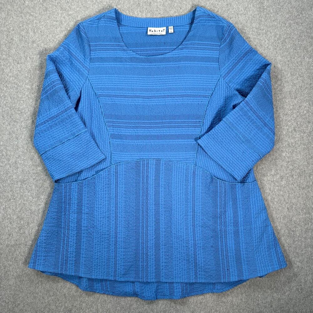 Habitat Contrast Stitch Tunic Top Women's Small Blue/Black Pockets 3/4 Sleeve